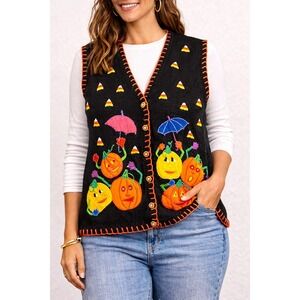 Tiara International Halloween Pumpkin Vest L Knit Candy Corn Embroidered Fall